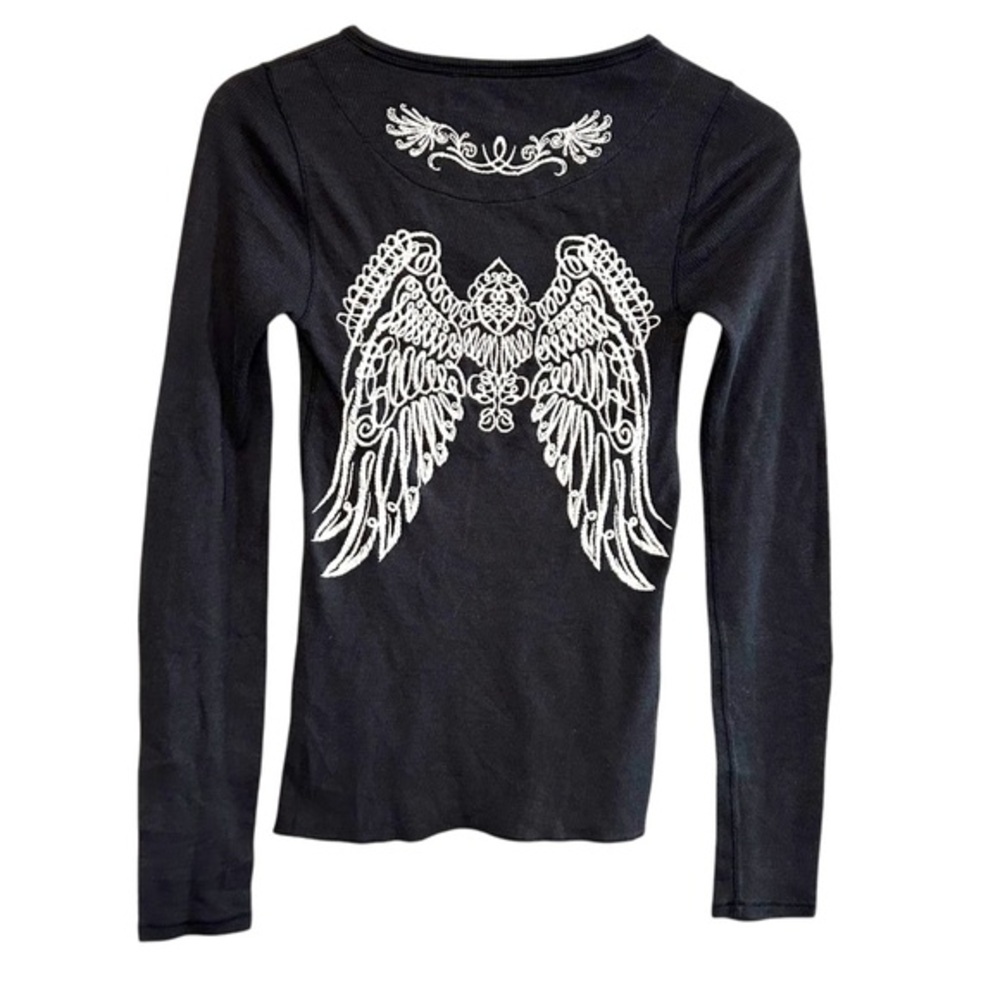 lucky brand S waffle Henley longsleeve tee Y2K embroidered detail wings vintage